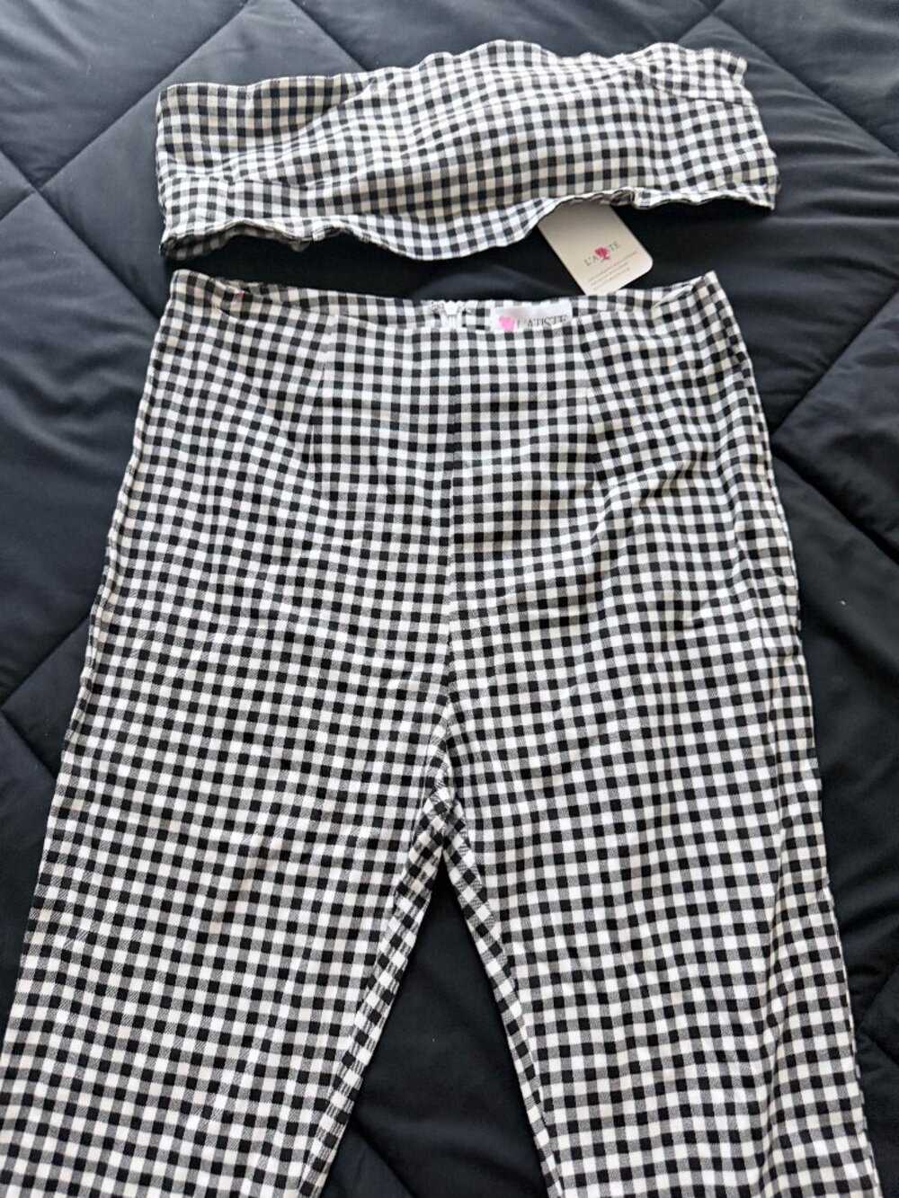 L'Atiste Gingham Checked Bandeau Top & Slim Pants Set Black White - M